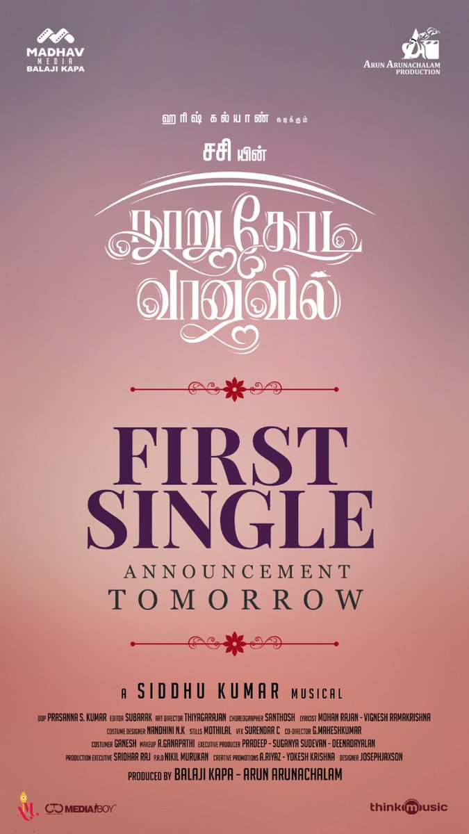 ARUN ARUNACHALAM PRODUCTION (@_aaproduction) on Twitter photo #DirectorSASI 's #NooruKodiVaanavil first SINGLE announcement tomorrow
An Intense love tale
<a href="/iamharishkalyan/">Harish Kalyan</a> <a href="/SiddhiIdnani/">Siddhi Idnani</a>
<a href="/madhavmedia/">Madhav Media</a>
#BalajiKapa <a href="/prasannadop/">Prasanna s kumar</a> <a href="/Music_Siddhu/">Siddhu Kumar</a> #MSubarak
@Nandinikalappa <a href="/thinkmusicindia/">Think Music</a> <a href="/onlynikil/">Nikil Murukan</a> @CtcMediaboy #DirectorSASI 's #NooruKodiVaanavil first SINGLE announcement tomorrow
An Intense love tale
<a href="/iamharishkalyan/">Harish Kalyan</a> <a href="/SiddhiIdnani/">Siddhi Idnani</a>
<a href="/madhavmedia/">Madhav Media</a>
#BalajiKapa <a href="/prasannadop/">Prasanna s kumar</a> <a href="/Music_Siddhu/">Siddhu Kumar</a> #MSubarak
@Nandinikalappa <a href="/thinkmusicindia/">Think Music</a> <a href="/onlynikil/">Nikil Murukan</a> @CtcMediaboy
