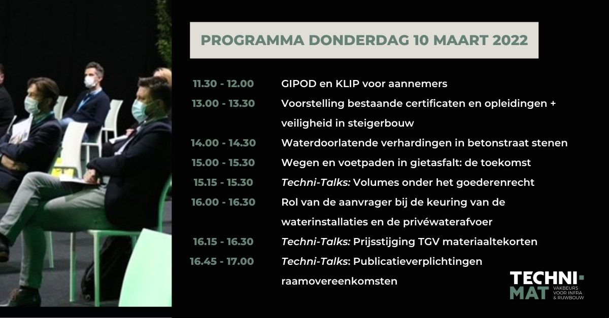 Tijdens Techni-Mat vinden er infosessies en seminaries plaats. In ons ideeëntheater, tussen de standen op de beursvloer, zullen daarnaast korte sessies gegeven worden over trending topics: Techni-Talks. Dit is het programma van 10 maart. Registreer via lnkd.in/evjJefU6