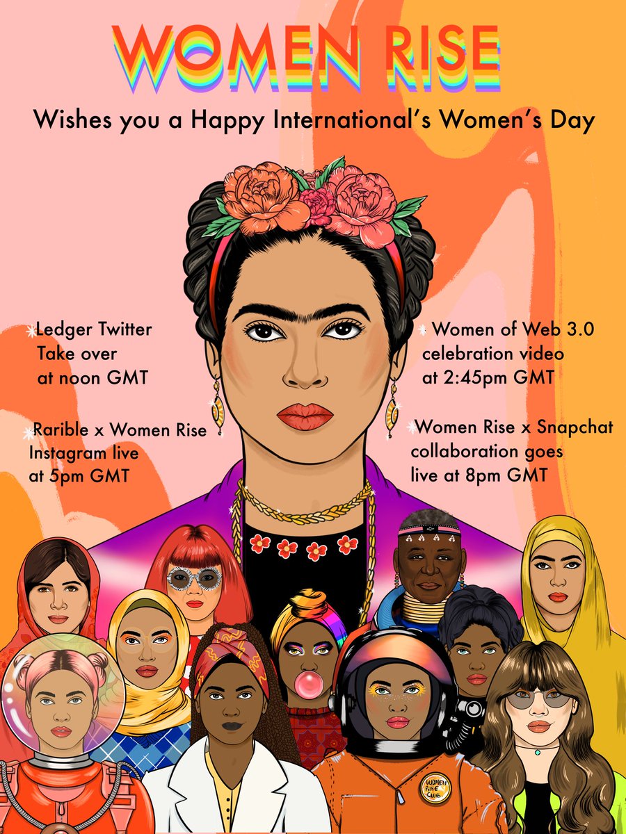 International Women’s Day 2022 is here and we are ready to celebrate!

Here is what’s on our schedule today and we are so excited to celebrating it with <a href="/Ledger/">Ledger</a>, <a href="/rarible/">Rarible</a> , <a href="/Snapchat/">Snapchat</a> and the Women of web 3.0 ✨☀️

#IWD2022 #InternationalWomensDay2022 💫