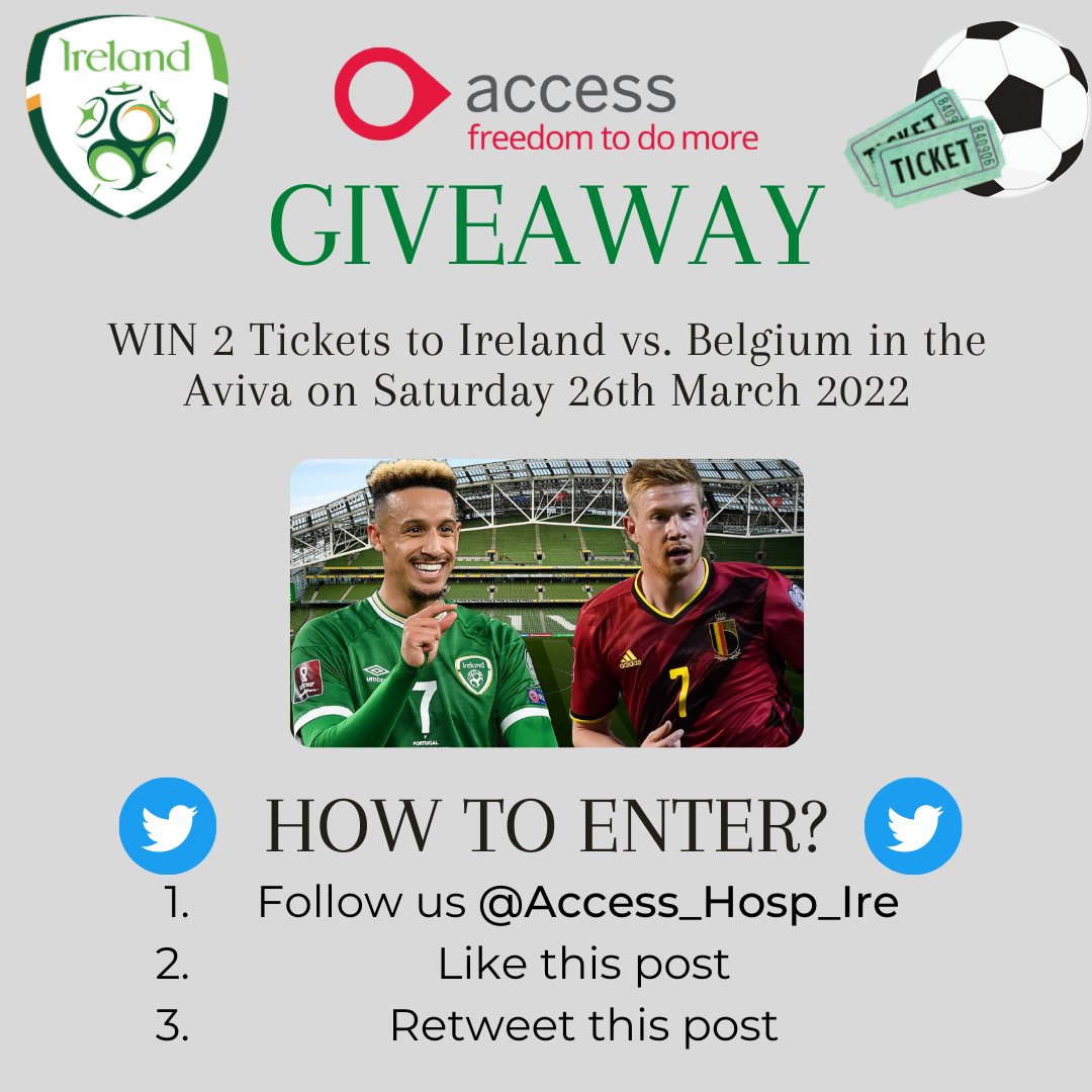 Access_Hosp_Ire's tweet photo. GIVEAWAY🔊

We're giving one lucky winner 2 tickets to the Ireland vs Belgium match in the Aviva on March 26th✅

To enter, all you have to do is:
1. Follow us @Access_Hosp_Ire 
2. LIKE this Tweet
3. RETWEET this post

#giveaway https://t.co/kddxqJO6cl