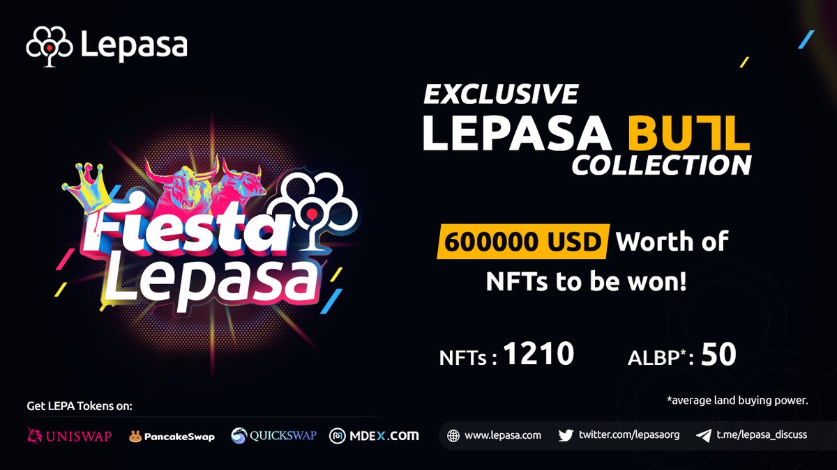 The 💪BATTLE is on for the exclusive collection of the LEPASA BULL NFTs. 

FIESTA LEPASA is live now !

Join Lepasa #Discord to participate : 
👉discord.com/invite/fUeCwJ9…

#LepasaNFT #Metaverse #Lepasa #FiestaLepasa #VirtuallyReal