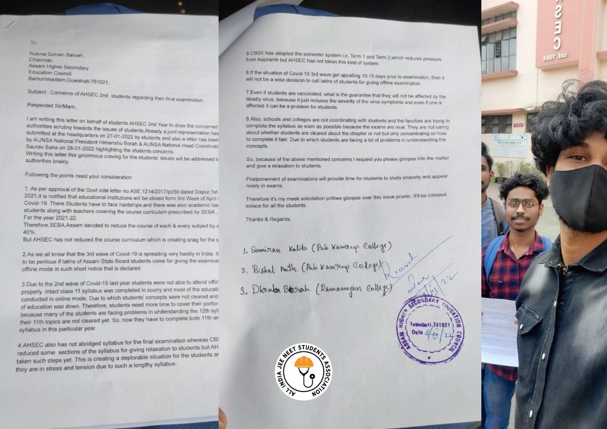 AIJNSA_official's tweet photo. Already letter was written by @IamSaurav_1&amp;
@UrHimanshuBorah on 28 Jan. Hence today a joint representation is submitted by students under guidance of @AIJNSA_official at #AHSEC HQ,GHY.
It's our req @ranojpeguassam ji kindly intercede into this.
#InternalAssessmentForAll2022 https://t.co/ID6b1JEEZC