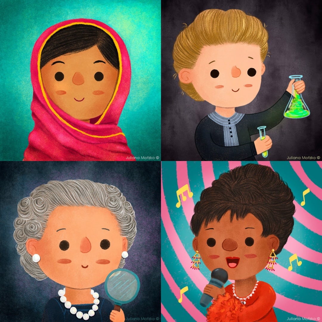 Celebrating the International Women's Day, let's honour some amazing women that made a huge impact in the world with their work.
Malala Yousafzai, Marie Curie, Agatha Christie and Aretha Franklin.
#internationalwomensday2021 #8M #8M2022 #illustration #JulianaMotzko