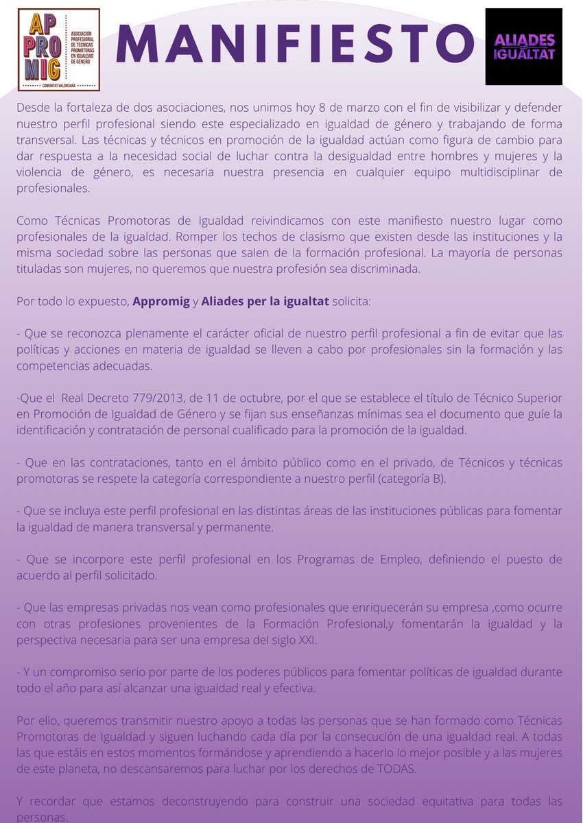 AppromigCV's tweet photo. Hoy, en el Día Internacional de la Mujer (Trabajadora), nos unimos @AppromigCV y @AliadesIgualtat para reivindicar el reconocimiento de nuestra figura profesional. Este es nuestro manifiesto.
#8Marzo #promig #tecnicasenigualdad https://t.co/cBWmEi8cqZ