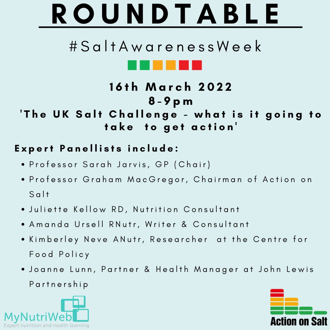 Register for a special edition roundtable hosted by <a href="/MyNutriWeb/">MyNutriWeb</a> during #SaltAwarenessWeek 
Our Chairman, Prof Graham MacGregor will be joined by <a href="/DrSarahJarvis/">DrSarahJarvis</a>, <a href="/juliettekellow/">Juliette Kellow RD</a>, <a href="/AmandaUrsell/">Amanda Ursell</a>, Joanne Lunn <a href="/waitrose/">Waitrose & Partners</a> &amp; <a href="/KLNeve/">Kimberley Neve, RNutr</a> discussing the #UKSaltChallenge bit.ly/3Kqg3ls