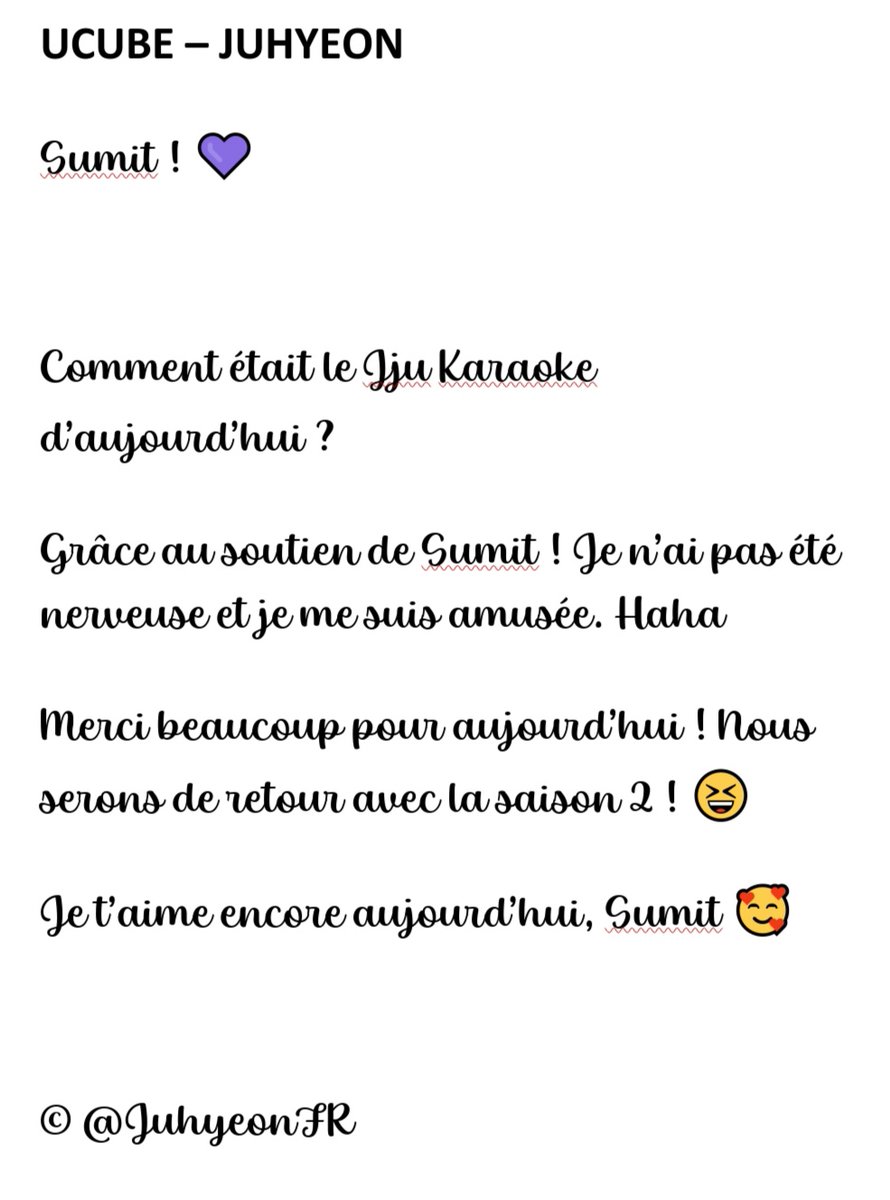 JuhyeonFR's tweet photo. ↳『 UCube 』『 04.12.21 』

[📸] 

Sumit! 💜

Comment était le Jju Karaoke d'aujourd'hui ?

#LIGHTSUM #라잇썸 
#주현 #JUHYEON 
#LightAWish #라잇어위시 #VIVACE

@CUBE_LIGHTSUM https://t.co/YjVDXbzRkz