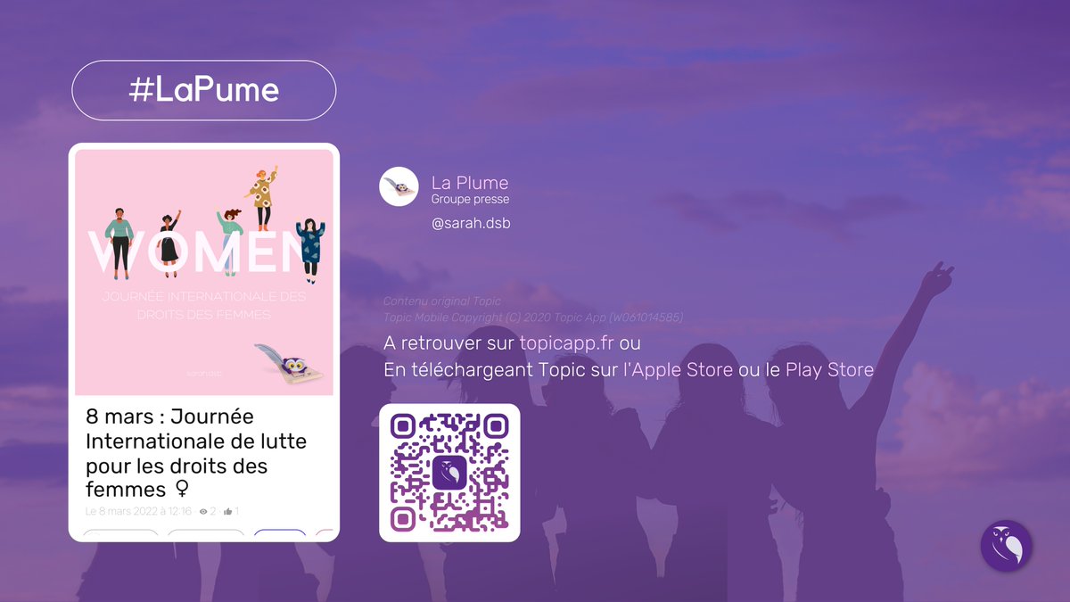 topic_app's tweet image. Nouvel article de #LaPlume à venir découvrir sur Topic !

◊ 8 mars : Journée Internationale de lutte pour les droits des femmes ♀  par La Plume topicapp.fr/articles/621e8…

#WomensDay2022 #WomensDay #DroitsDesFemmes #JourneeInternationaleDuDroitDesFemmes