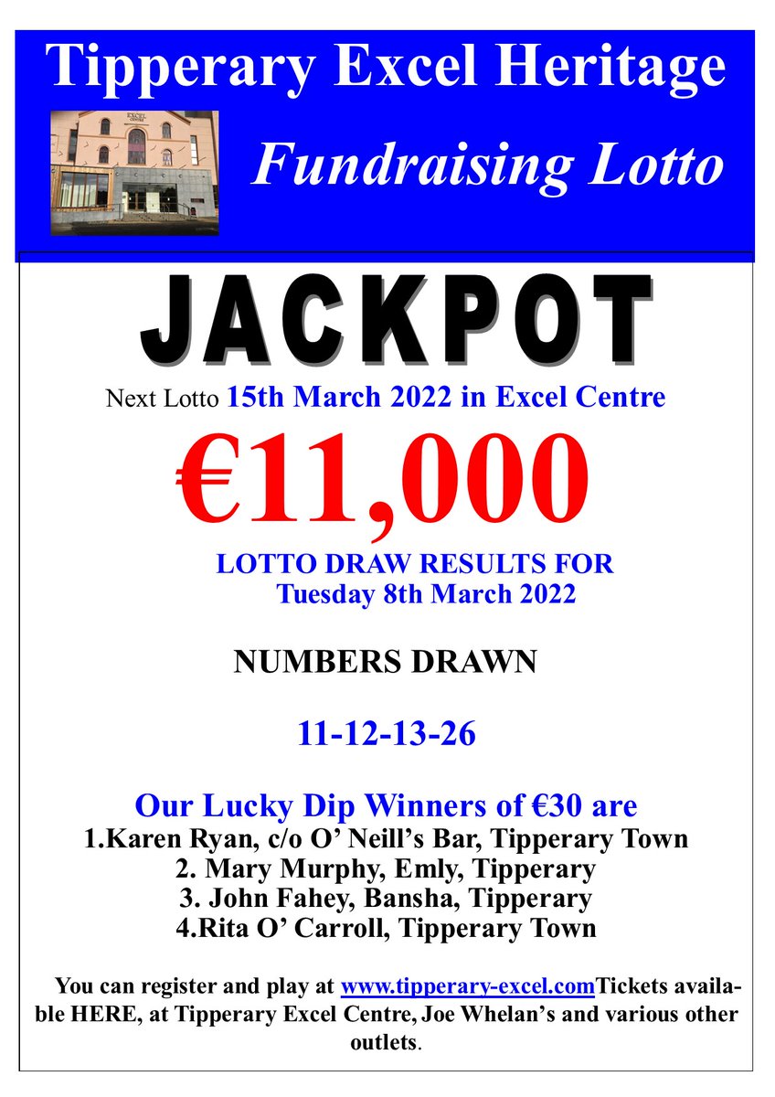 Tipperaryexcel (@tipperaryexcel) on Twitter photo Here are this weeks Lotto Results. We had no winner today. Next week, the Jackpot will be a whopping โฌ11,000!!! Here are this weeks Lotto Results. We had no winner today. Next week, the Jackpot will be a whopping โฌ11,000!!!