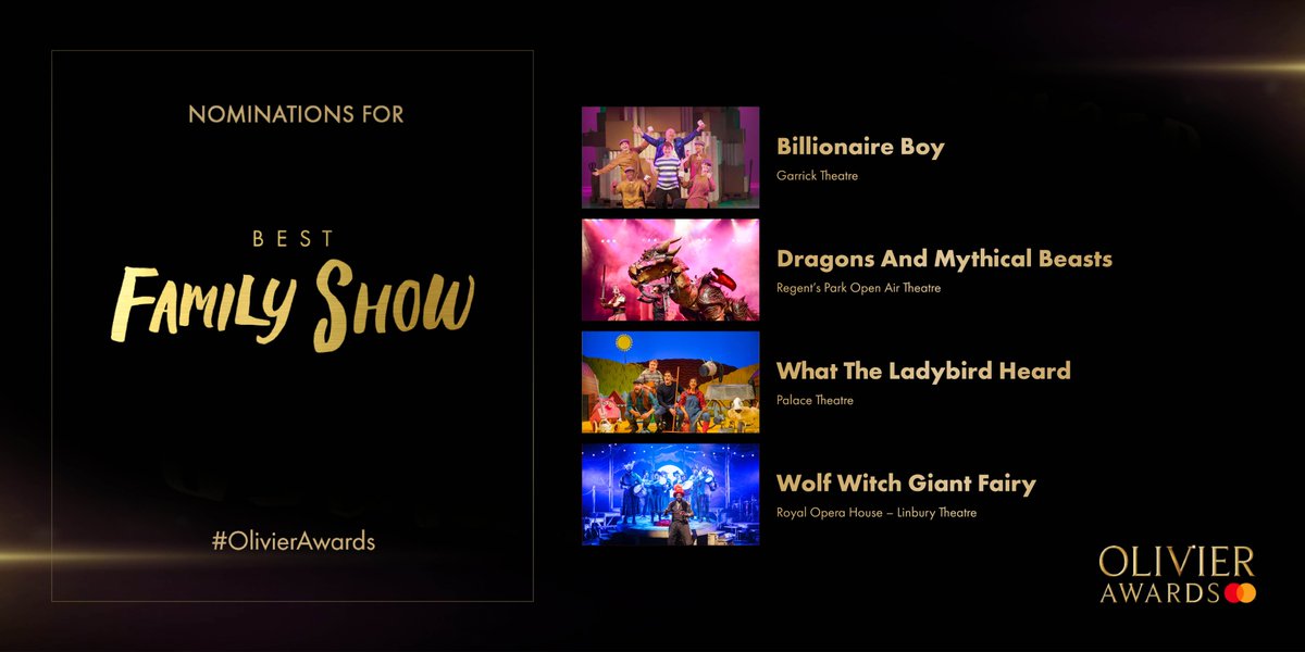 Best Family Show nominees:
<a href="/BillBoy_Live/">Billionaire Boy Live</a> at Garrick Theatre
<a href="/DragonsBeasts/">Dragons and Mythical Beasts</a> at <a href="/OpenAirTheatre/">Open Air Theatre</a>
<a href="/LiveLadybird/">What the Ladybird Heard 🐞 LIVE</a> at Palace Theatre
Wolf Witch Giant Fairy at @RoyalOperaHouse – Linbury Theatre
#OlivierAwards