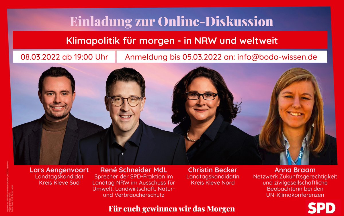 Freue mich auf eine spannende Diskussion mit den SPD-Landtagskandidat*innen Lars Aengenvoort und <a href="/ch_becker_spd/">Christin Becker</a>  sowie MdL <a href="/schneider_rene/">Rene Schneider</a> und  Moderator @BodoWissen. Unser Thema: #Klimapolitik für morgen - in #NRW und weltweit. <a href="/nrwspd/">platzhalter</a>
