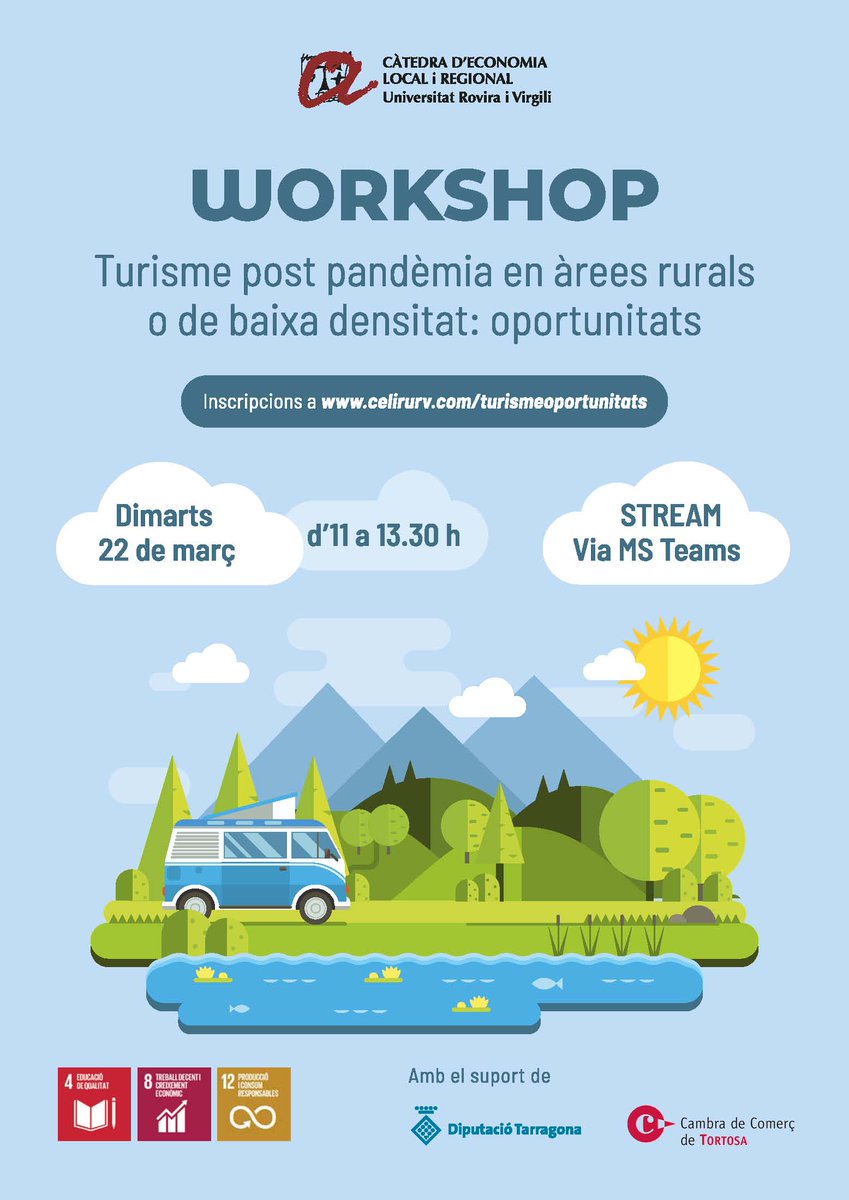 CATEDRAECOCTE's tweet photo. 🚨El proper dimarts 22 de març d'11:00h a 13:30h que es retransmetrà de manera online via Microsoft Teams el workshop: “Turisme post pandèmia en àrees rurals o de baixa densitat: oportunitats”.
Inscripcions i més informació a través de la web:  https://t.co/Iq1vlqtoEB" https://t.co/FNMVRc7BM9