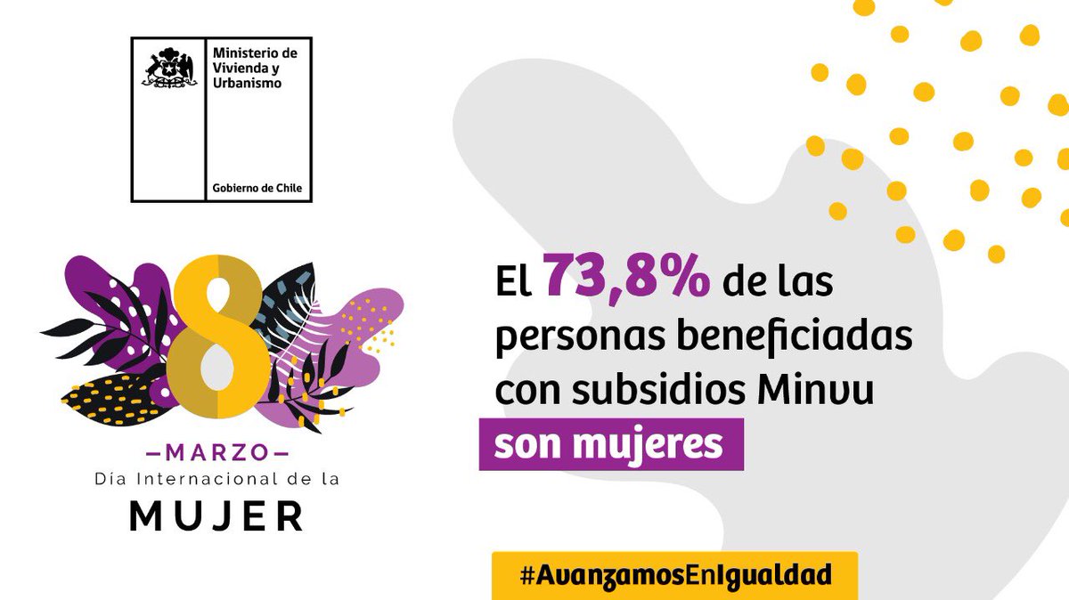 Minvu's tweet photo. 🟣 Más del 70% de los #SubsidiosMinvu son entregados a mujeres, contribuyendo a mejorar su calidad de vida. Conmemoramos este #DíaInternacionalDeLaMujer reafirmando nuestro compromiso con la igualdad de derechos y oportunidades para todas y todos 🙌🙌 #AvanzamosEnIgualdad https://t.co/4BlG0W1AHY
