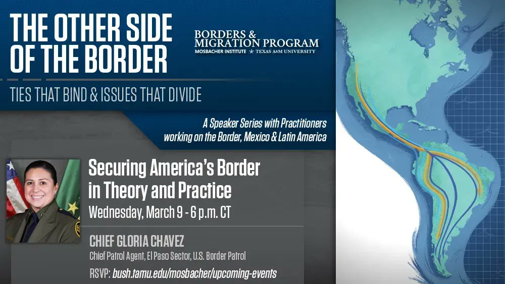 BushSchool's tweet photo. UPCOMING EVENT: @MosbacherTAMU invites you to "Securing America’s Border in Theory and Practice," featuring Chief U.S. Border Patrol Agent Gloria Chavez. The event is March 9 at 6 p.m. CT at the @TAMUAnnenberg. https://t.co/8jWQQFlnYk https://t.co/gUOxEuipKj