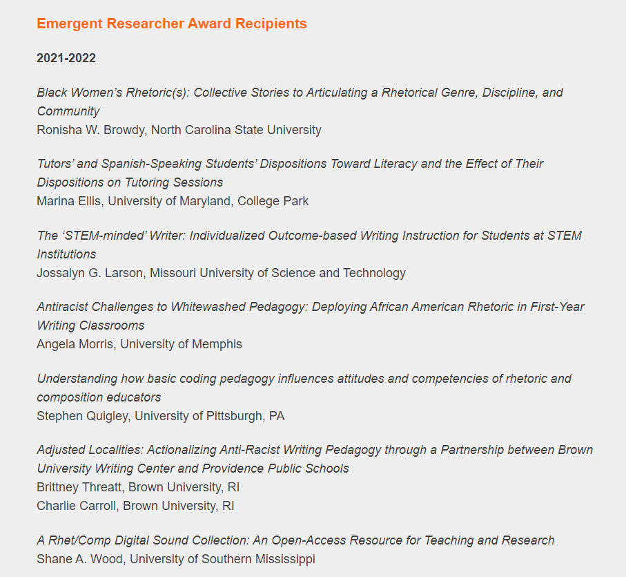 ShaneAWood's tweet photo. Extremely grateful for this 2021-2022 CCCC Emergent Researcher Award! For 3 years, I've envisioned an open access resource called "Rhet/Comp Audio" where texts come to life through orality and aurality. Thankful for the chance to build this dream out for our rhet/comp community. https://t.co/5HmRoRxBp2