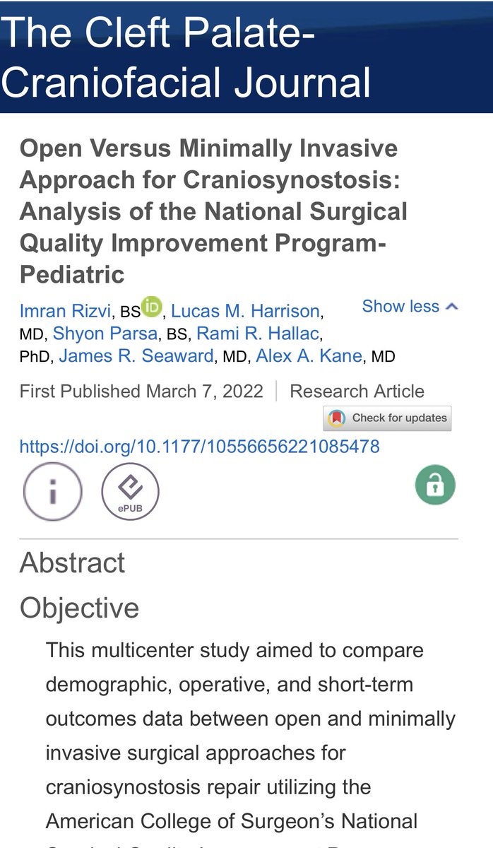 Check out our latest article in CPCJ utilizing the NSQIP-P database to evaluate open versus minimally invasive techniques for craniosynostosis  @AmerCleftPalate  #craniosynostosis #craniofacial