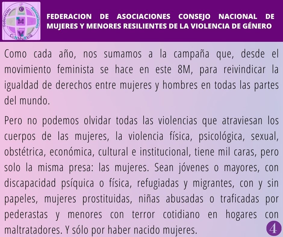 MadresProtect's tweet photo. 💜MANIFIESTO 8M FEDERACIÓN DE         ASOCIACIONES CoNMuRViG 💜
#Hartas
#8M
#DíaDeLasMujeres
#StopViolenciaDeGénero
#PatriarcadoCriminal
#IndultoMaríaSevilla
#DianaEHijaRiesgoMortal
#SororidadIgualdadLibertad

1-4 https://t.co/dUQ1l3Vk7n