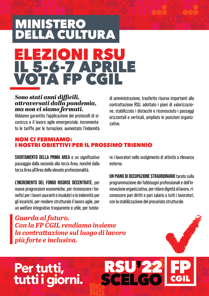 🟥 𝗠𝗜𝗡𝗜𝗦𝗧𝗘𝗥𝗢 𝗗𝗘𝗟𝗟𝗔 𝗖𝗨𝗟𝗧𝗨𝗥𝗔, i nostri obiettivi per le lavoratrici e i lavoratori
Leggi e diffondi il nostro programma: il 5-6-7 aprile per il rinnovo delle #Rsu22 #VOTAFpCgil 
#ScelgoFpCgil 

[Scarica il programma ➡️ bit.ly/3pOkEG6]