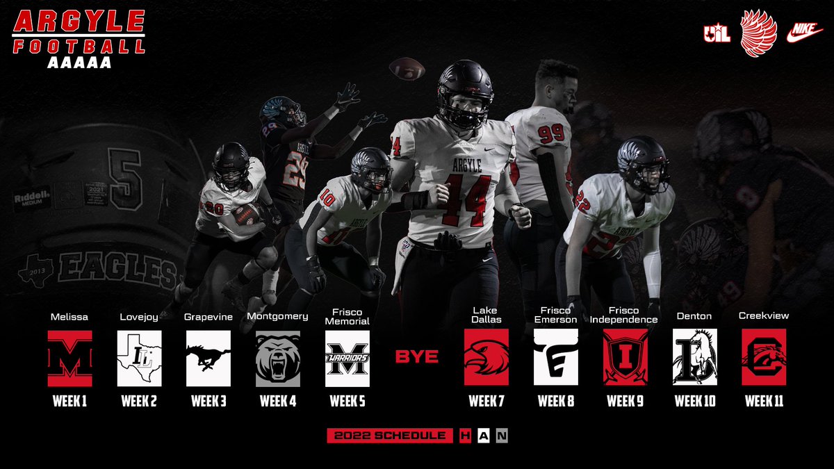 argylegridiron's tweet photo. 🚨Breaking

Your Argyle Eagles first 5A-D2 campaign schedule is SET!

🦅🦅🦅

@ArgyleSports I @ArgyleISD 
#txhsfb https://t.co/T6DuOQi1rO