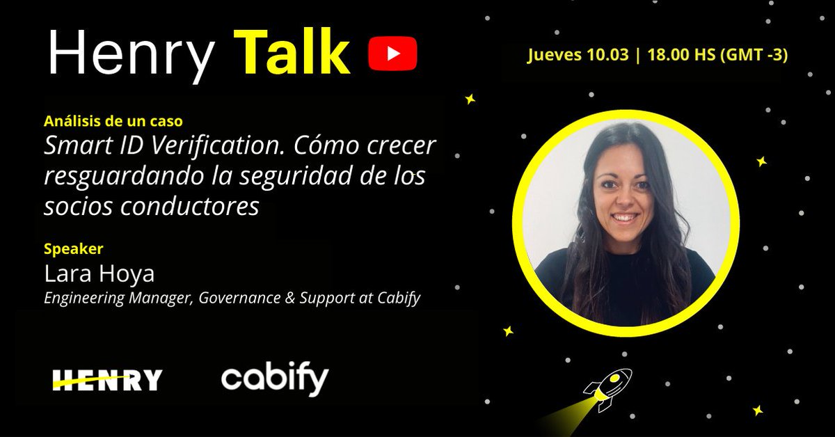 soyhenry_ok's tweet photo. Se viene otra #HenryTalk 🤯 Esta vez de la mano de @cabify. Vamos a hablar con Lara Hoya, Engineering Manager, Governance & Support 🚀
¿Cuándo? Jueves 10/3
• 6 PM 🇦🇷 🇺🇾 🇨🇱
• 4 PM 🇨🇴 🇵🇪
• 3 PM 🇲🇽
🍿En vivo, por nuestro canal de YouTube https://t.co/zSoMoejRlO