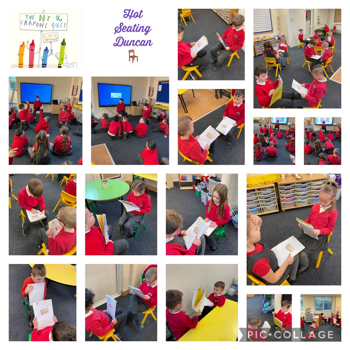 We used our own questions from yesterdays Literacy session to hot seat the character Duncan from our class story, ‘The Day the crayons quit’ 🪑 🖍 ✉️ We used a range of; who, what, where, when, why and how question starters. Da iawn pawb 😊👍🏼