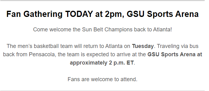 benmoore247's tweet photo. Georgia State Basketball will be returning to Atlanta today at 2pm and GSU Athletic is welcoming the team back at The GSU Sports Arena.
Fans are welcome to attend.
#GSUBasketball #PantherFamily #RunSBC
#MarchMadness #OurCity https://t.co/vqs4vdUWwm