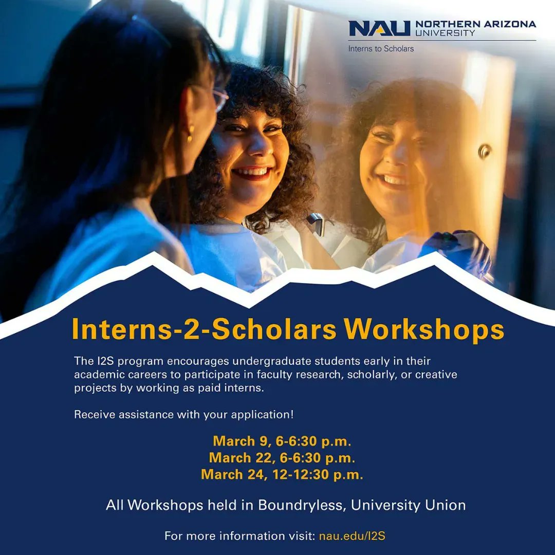 Need help with your I2S application? Attend our first workshop this Wednesday at 6 p.m. Hope to see you there! 
#nauugresearch #nauI2S #internjobs #studentresearch @thenauceias @NAU_SBS @nau_cefns