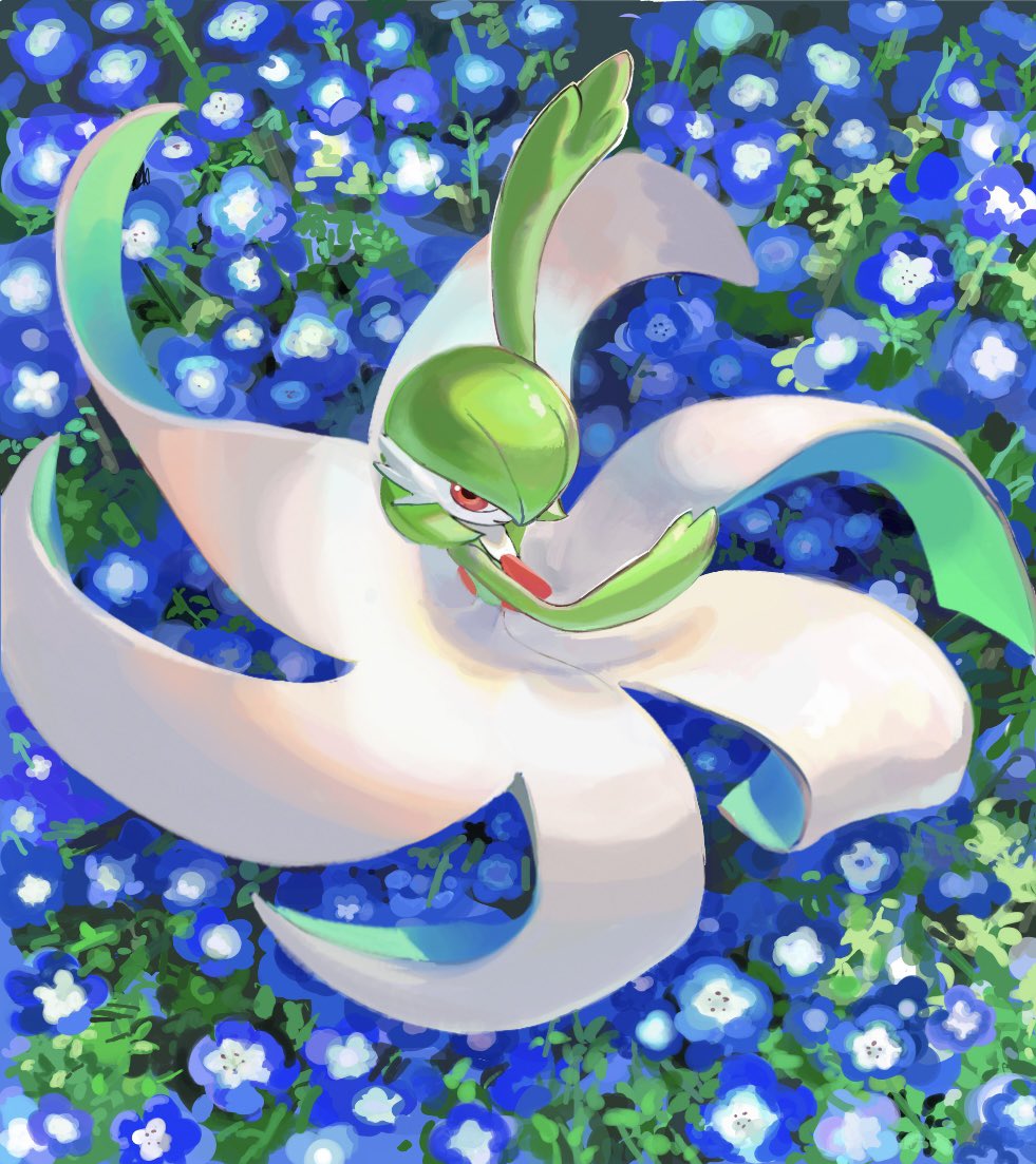 solo flower pokemon (creature) blue flower flower field red eyes from above  illustration images
