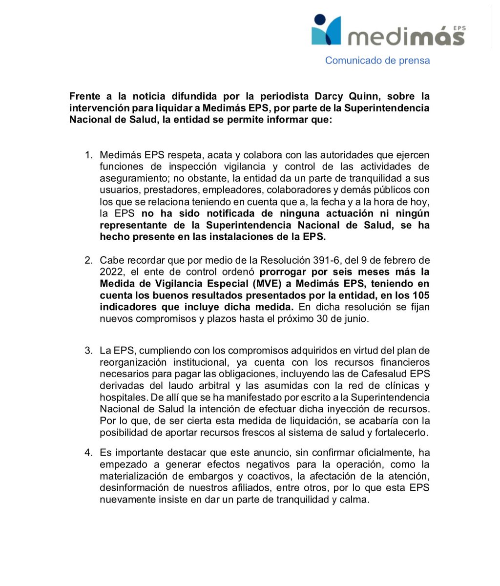 Frente a las declaraciones de la periodista Darcy Quinn sobre la intervención para liquidar MEDIMÁS EPS, nos permitimos informar:
