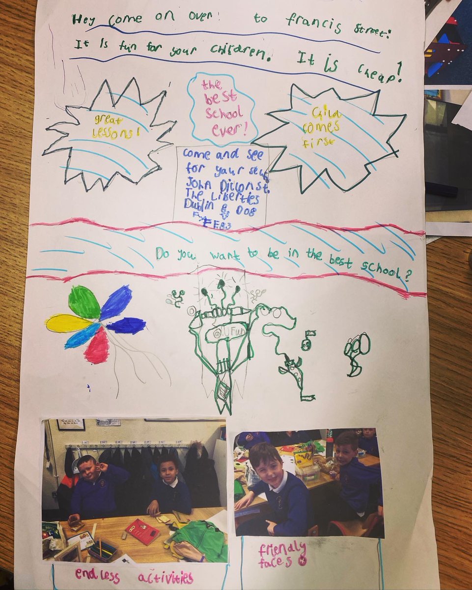 FrancisStSchool's tweet image. 3rd Class have been learning all about persuasive advertisements and have created their own adverts for Francis Street! We are very impressed with their work! #creativity #literacy #franner @DCUCMS @ERSTIRELAND