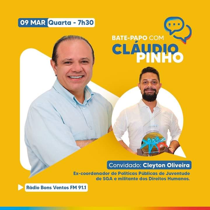 claudiopinhoCE's tweet photo. Amanhã o bate-papo é com o Cleyton Oliveira, ex-coordenador de políticas públicas de juventude de São Gonçalo do Amarante e militante dos direitos humanos.
Não percam! Às 7h30 na Bons Ventos FM 😉
#BatePapo #BonsVentos #SGA https://t.co/v26EU1c8Qi