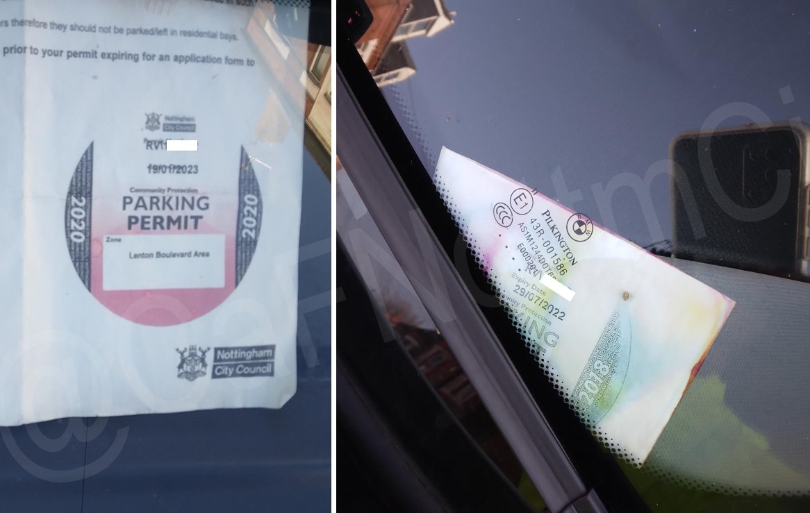 CaFNottmCity's tweet photo. Two fake residential #parking permits from one street in @MyLWE this morning! #BitOdd

Both enforced and now both originals cancelled.

Abuse of the schemes causes problems for other residents. #DontBeSelfish

#Nottingham https://t.co/NFk6zvEKQQ