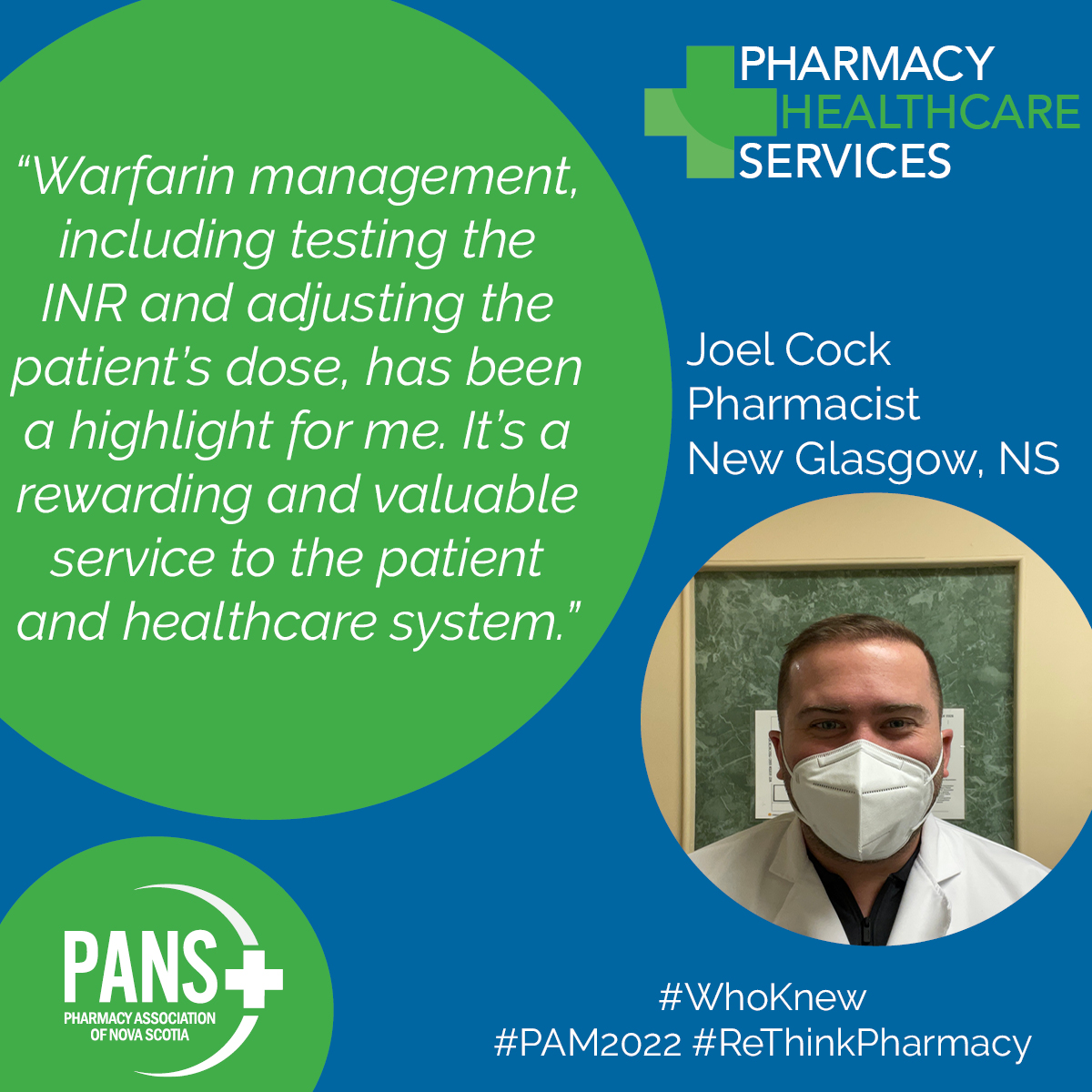 PharmacyNS's tweet photo. Meet Joel Cock a pharmacist who is passionate about warfarin management.
Thank you, Joel, for everything you do for your patients!
#PAM2022 #WhoKnew #ReThinkPharmacy #ThankYouPharmacy https://t.co/CYMwA35PfK