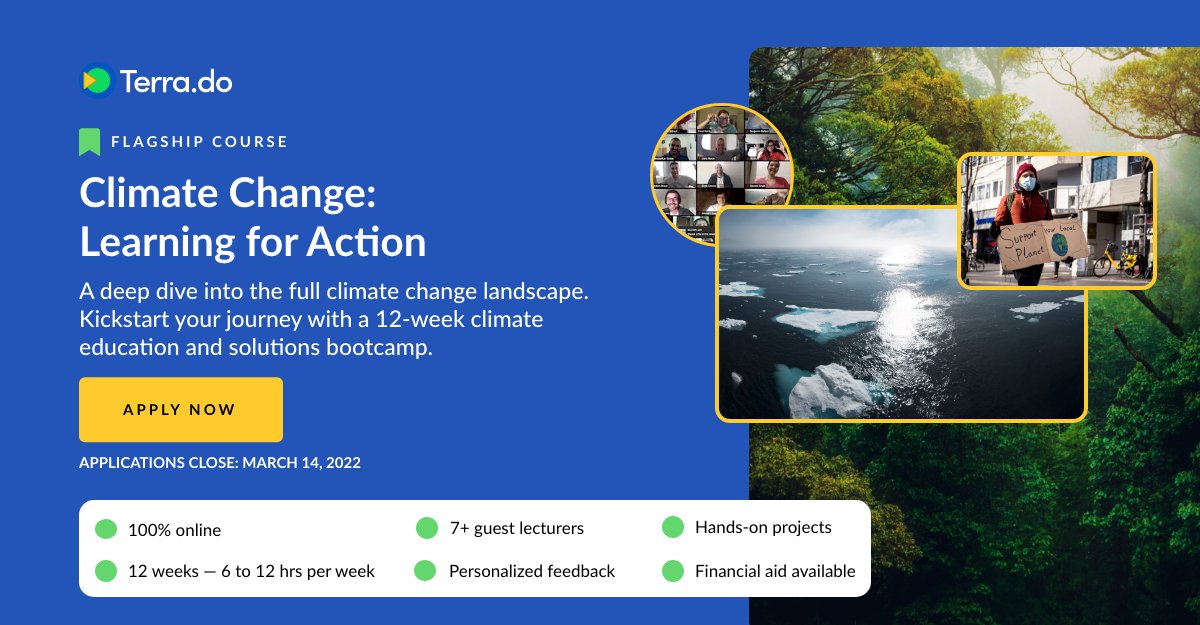 terradotdo's tweet image. Less than a week to go before the next cohort launch for our flagship #climatelearning program! Apply by March 14: bit.ly/3Gu030f

Please note: The course fee can be paid in installments, and there is financial aid available for those who need it. 😊