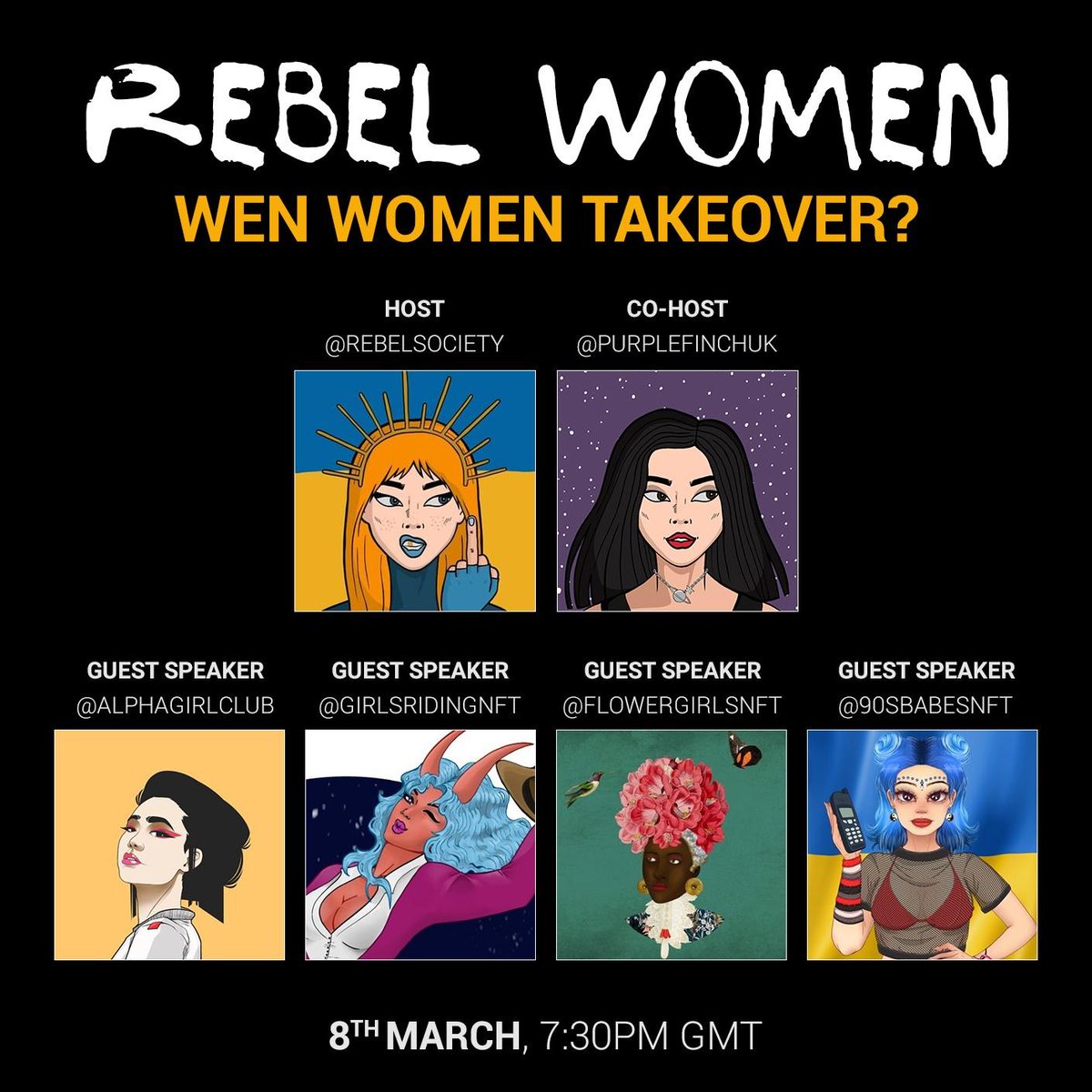 RebelSocietyBTC's tweet photo. Only a few hours left until our spaces where RS will be talking to our favourite women led projects. Tune in to hear from the wonderful @ALPHAGIRLCLUB, @GirlsRidingNFT, @FlowerGirlsNFT and @90sbabesnft.
See you and my co-host @PurpleFinchUK at 7:30pm GMT. https://t.co/JpkG9JqlXm https://t.co/3WRTT5OkvN