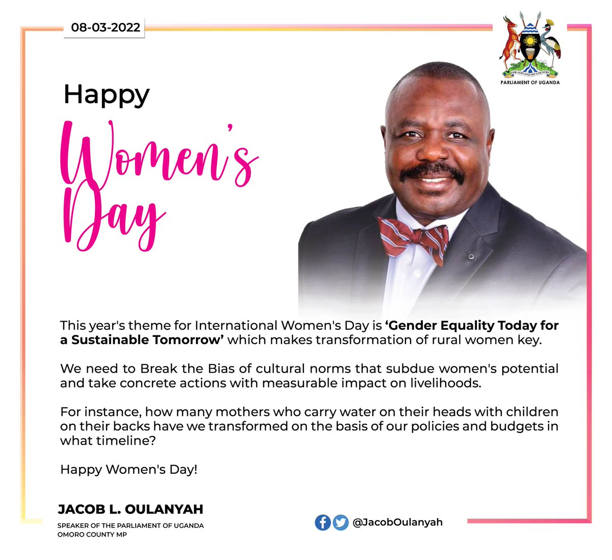 This year's theme 'Gender Equality Today for a Sustainable Tomorrow' makes transformation of rural women key. We need to #BreakTheBias of cultural norms that subdue women's potential and take concrete actions with measurable impact on livelihoods. Happy #WomenDay! #IWD2022