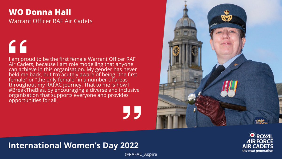 This #InternationalWomensDay, we're recognising a few of the many female staff and cadets who #BreakTheBias every day in the RAF Air Cadets.

Next up, here’s new <a href="/WORAFAirCadets/">Warrant Officer Royal Air Force Air Cadets</a>, Donna Hall

Are there any women in our organisation who have inspired you? Let us know below! 👇#IWD