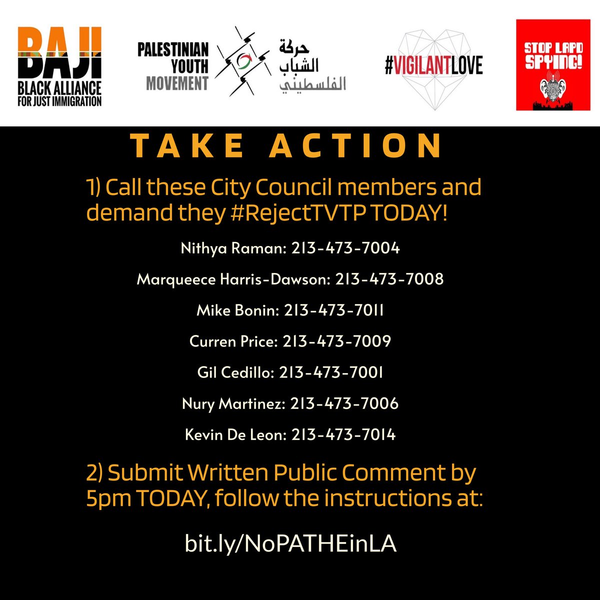 BLMLA's tweet photo. The Targeted Violence and Terrorism Prevention Grant that would expand the LAPD PATHE program & criminalize youth as potential “extremists” is on TOMORROW’s City Council Agenda.
Call these councilmembers & demand they #RejectTVTP! Learn more at the toolkit https://t.co/Zs8MtnJAQk https://t.co/Vm0cRRPJzw