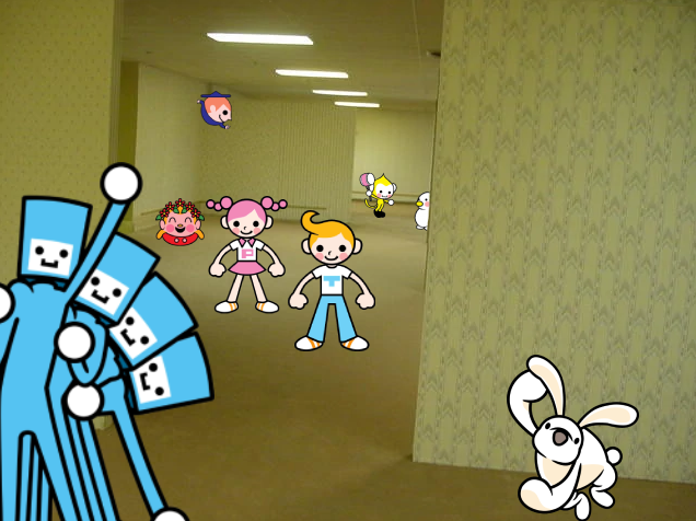 MonkeyGolfing's tweet photo. You somehow find yourself stuck in the Backrooms.  Which #RhythmHeaven set would you pick so that you can have all the characters from that very set help you face the lurking threats and escape?

For example, you might pick Set 4 from Fever or Set 8 from DS https://t.co/G095tgk84M