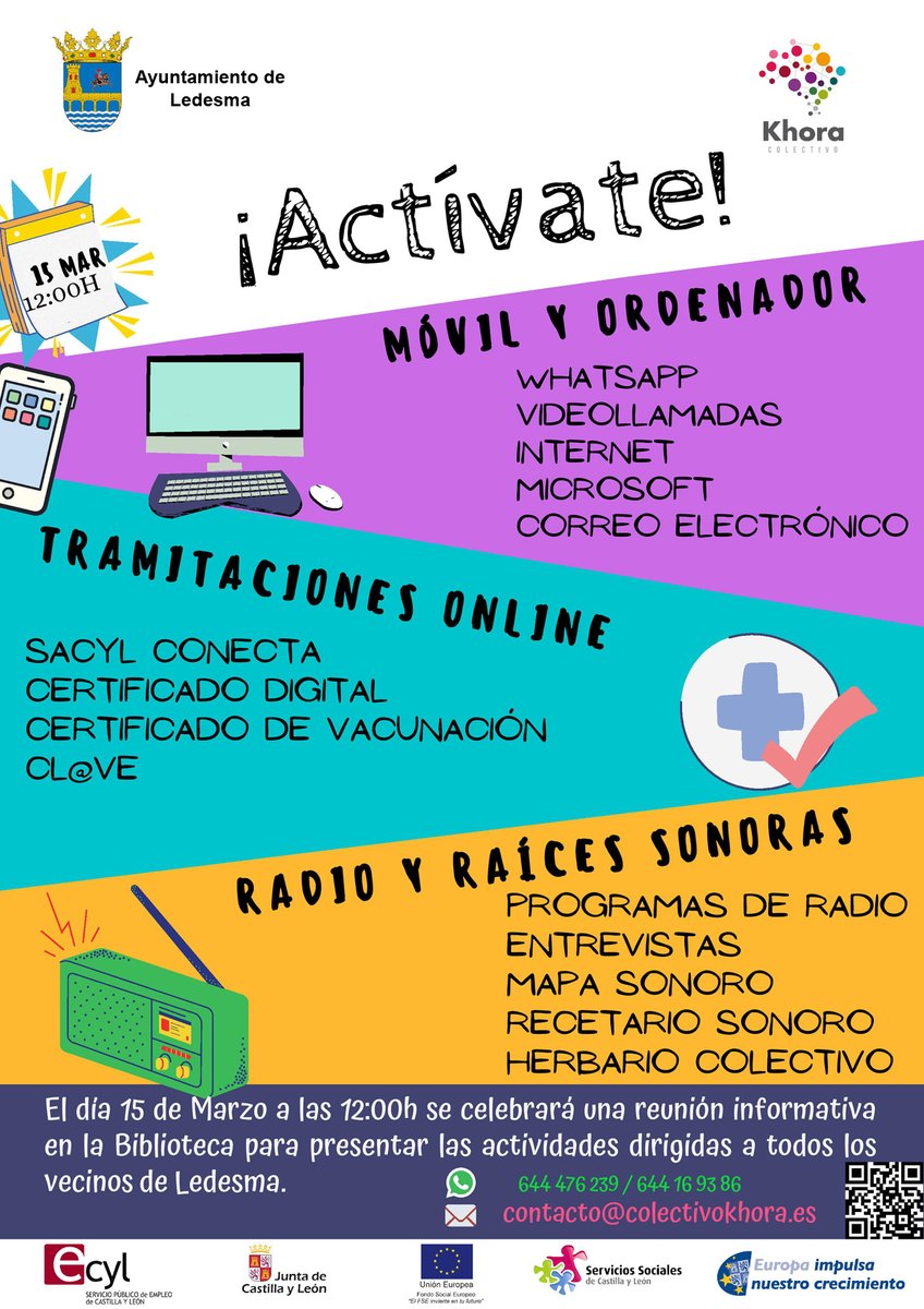Talleres, sesiones, cursos para todas las personas que lo necesiten.
Las actividades serán gratuitas.
La primera sesión va a ser en la <a href="/biblioledesma/">Biblioteca Ledesma</a> , el día 15 de marzo a las 12:00 h.  
Para más información ponte en contacto en la Biblioteca 923570086
<a href="/KHORA_Colectivo/">ColectivoKhora</a>