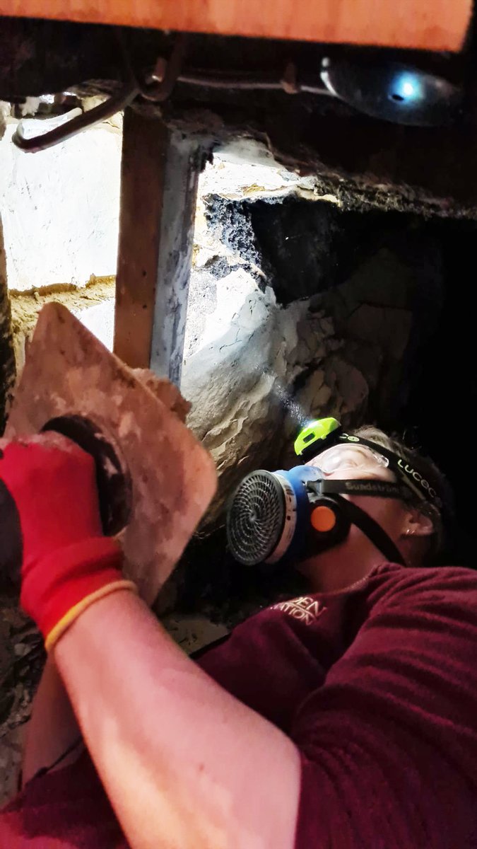 Celebrating #InternationalWomensDay2022 and our very talented female conservators and stonemasons. Here is stonemason, Amelia Morrison, up a chimney flue consolidating clunch #stone #stonemason #WomenInConstruction