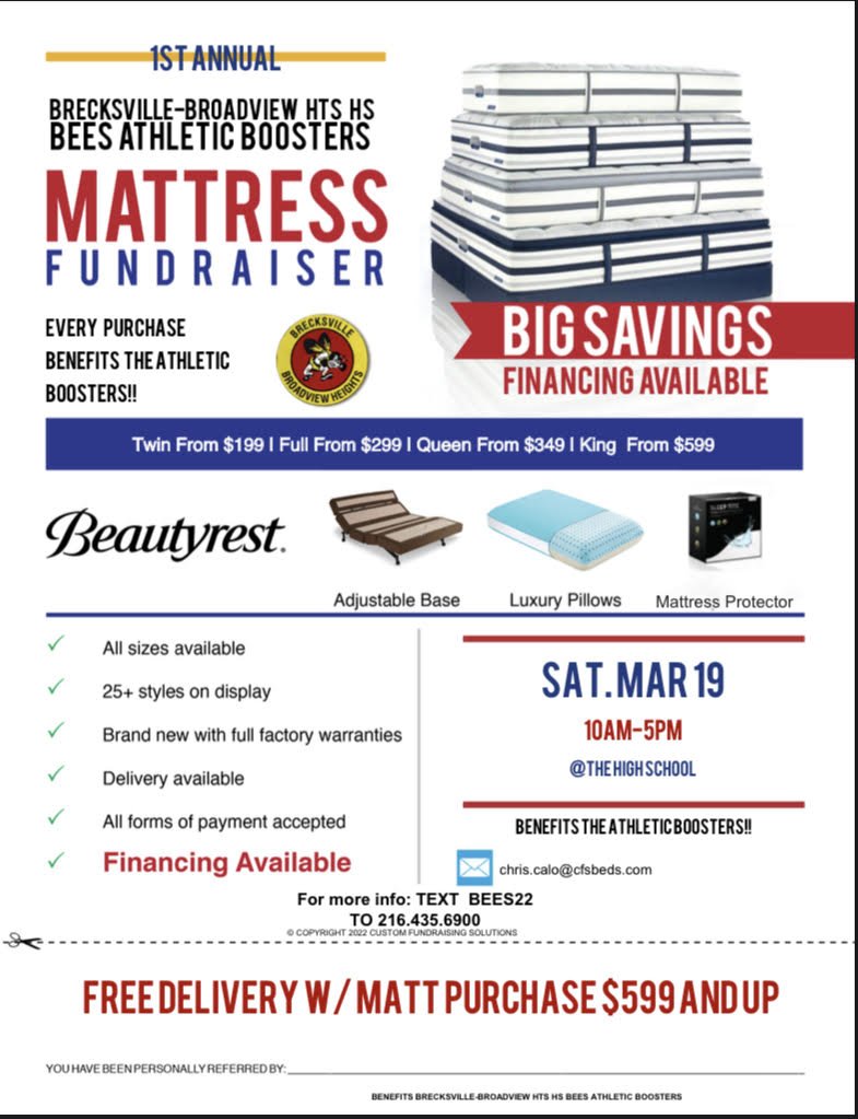 BBHFootball's tweet photo. Need a mattress?   Come support the Bees athletic boosters mattress sale on Saturday March 19th from 10am - 5pm at the High School.  
For more info: TEXT BEES22
TO 216.435.6900
@_BBHHS @BeesBbhms @bbhmsbees @KevinJakub @BeesYthFootball https://t.co/qWYF0Lu6PN
