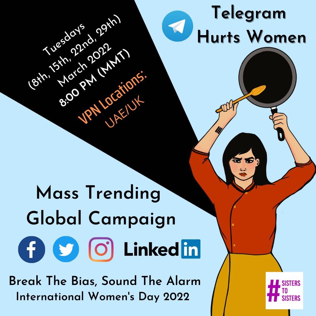 sis2sisMM's tweet photo. "Break the Bias, Sound the Alarm"🙅‍♀️
Mass Trending happening in an hour tonight 8:00 PM (MMT) VPN- UAE/UK 

@sis2sisMM is launching a global campaign on #IWD2022  to urge #Telegram take action &amp; stand up for the digital rights of women all over the world.

Poster @BeastBurmese https://t.co/wjHPoODE3K