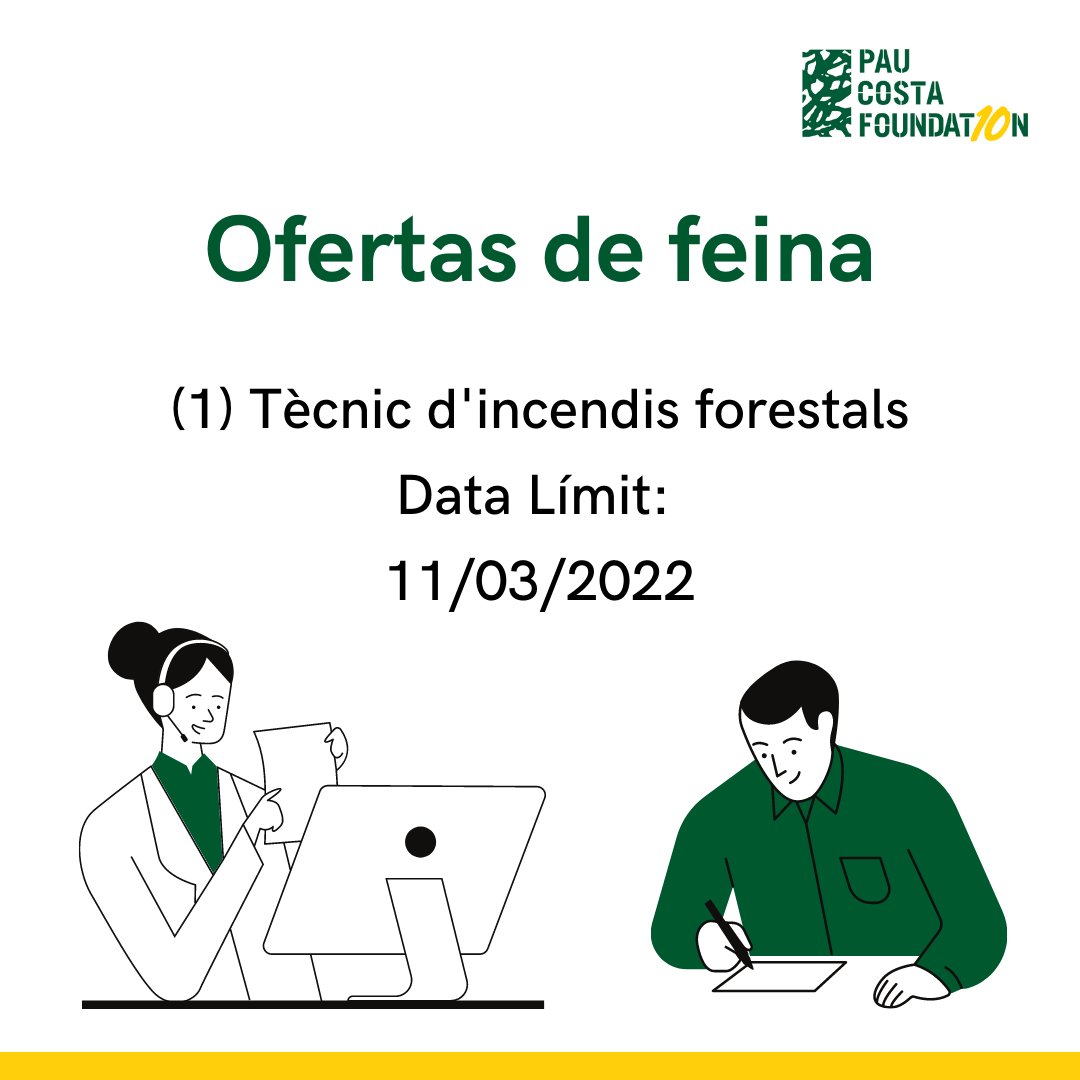 PauCostaF's tweet photo. Busquem (1) tècnic d'incendis forestals 🔥
Les persones interessades poden enviar el seu CV i carta de presentació a INFO@PAUCOSTAFOUNDATION.ORG abans del día 11 de març de 2022
Més informació 👉
https://t.co/CZ7Jdz3CVx https://t.co/EoLrPY26n6