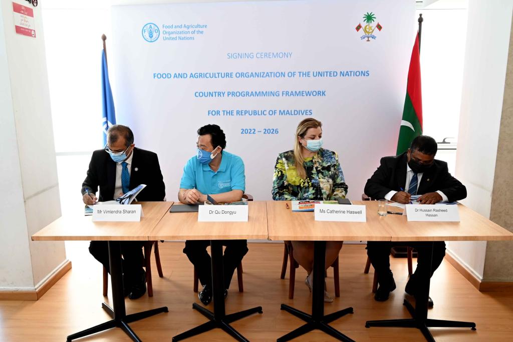 FAOSriLanka's tweet photo. A new chapter in the FAO-#Maldives cooperation was marked today during @FAODG QU Dongyu's visit to the island, with launch of the new FAO Country Programming Framework (CPF) 2022 -2026. 

It was signed by FAO Rep @VimlendraSharan &amp; Min. @DrHussainHassan -@MoFMRAmv. https://t.co/FqFnPBbMZh