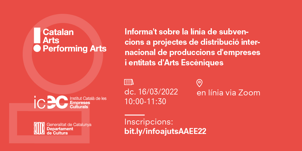 Coneix la línia d'#ajuts a projectes de distribució #internacional de produccions d'empreses i entitats d'#ArtsEscèniques. <a href="/cultura_cat/">Cultura</a> <a href="/icec_cat/">Empreses culturals</a>

Sessió informativa:
🗓️ dc.16 març, 10:00
💻 en línia
✍️ Inscripcions: bit.ly/infoajutsAAEE22

+Info: bit.ly/3hM9iOs