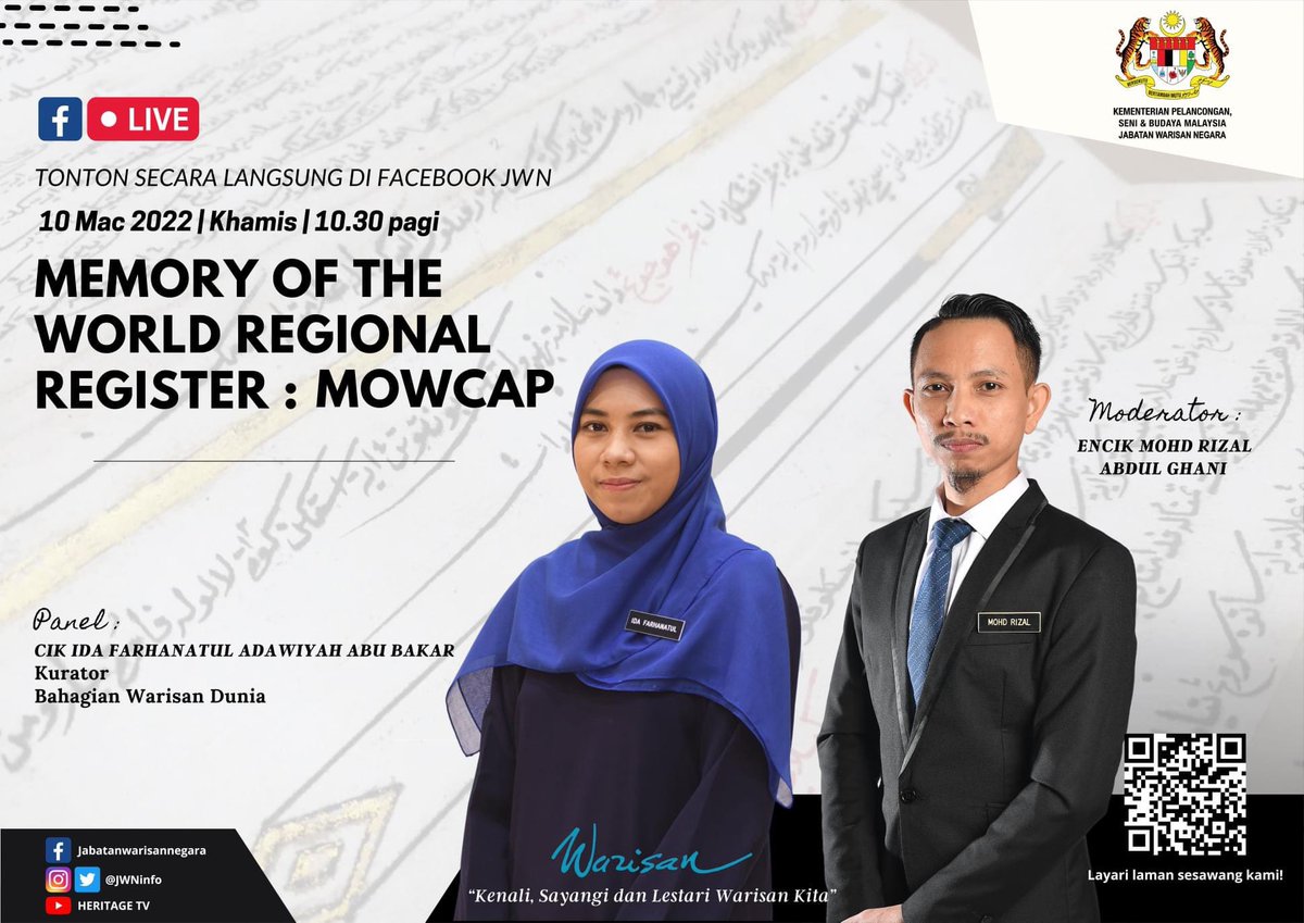 JWNinfo's tweet photo. Jangan lupa saksikan sesi Facebook Live JWN - Memory of the World Regional Register: MOWCAP
10 Mac 2022 | Khamis | 10.30 am
https://t.co/OC55jgb0n2
"𝐾𝑒𝑛𝑎𝑙𝑖, 𝑆𝑎𝑦𝑎𝑛𝑔𝑖 𝑑𝑎𝑛 𝐿𝑒𝑠𝑡𝑎𝑟𝑖 𝑊𝑎𝑟𝑖𝑠𝑎𝑛 𝐾𝑖𝑡𝑎"
#JWN #Warisan #MOWCAP https://t.co/atcqmJACPF