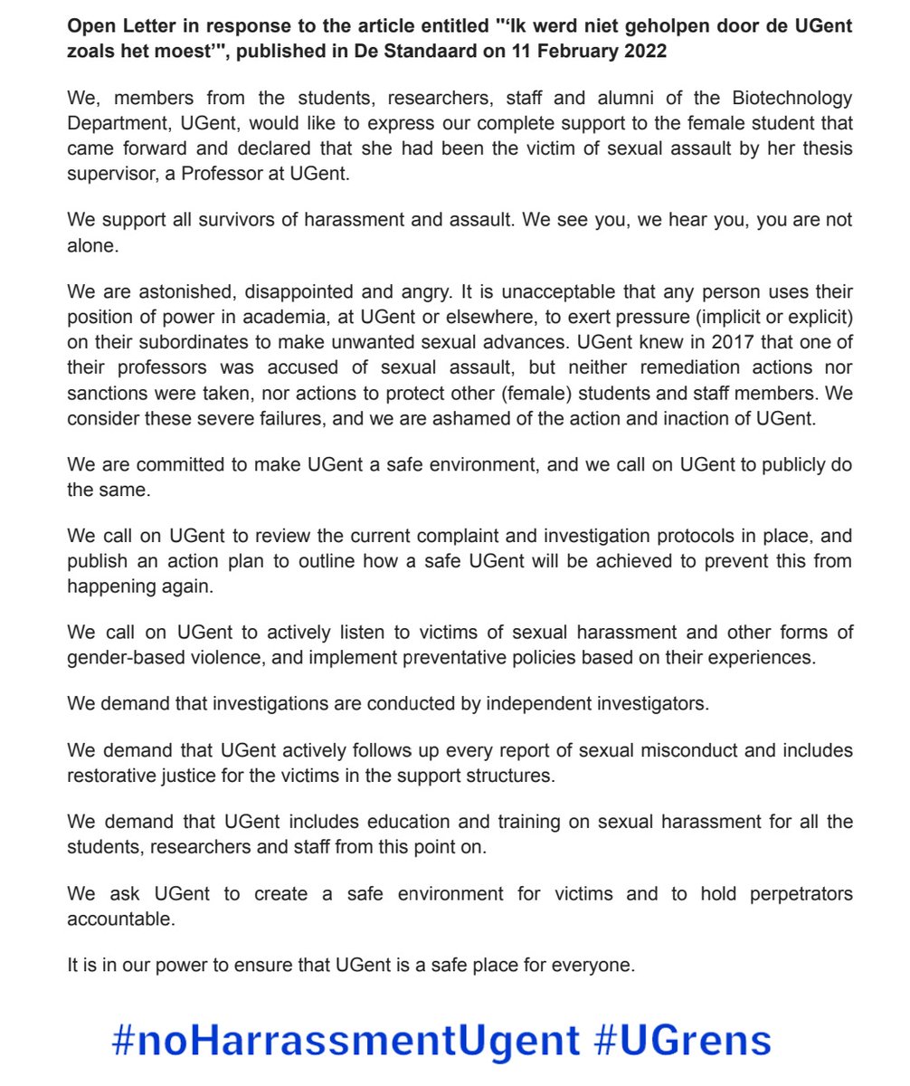 IoannaChatzig's tweet photo. I have proudly signed this statement with other (former) colleagues from the @FbwUGent against sexual harassment in @ugent. 
It is our power to ensure that UGent is a safe place for everyone!
#noHarrassmentUGent #UGrens #8M2022 https://t.co/lcCt4OnAS3