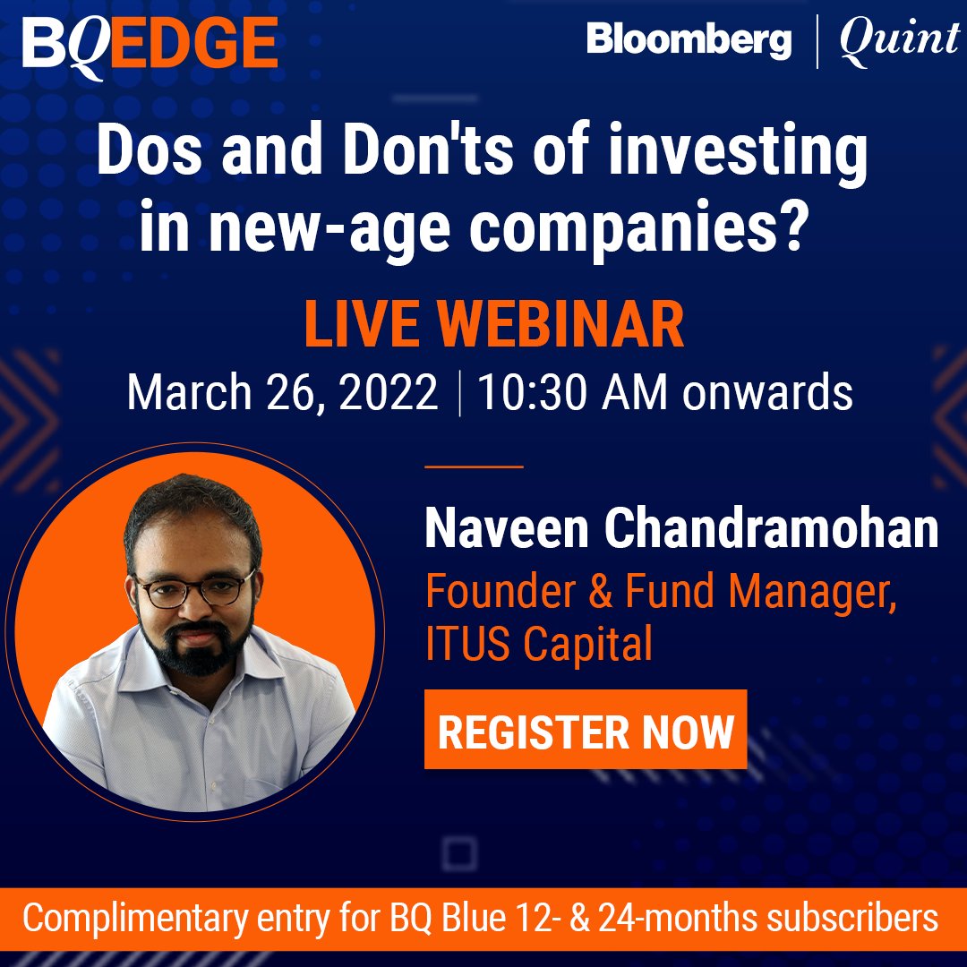 NDTVProfitAlpha's tweet photo. #BQEdge | What are the dos &amp; don'ts of investing in new-age companies? Join the conversation with Naveen Chandramohan to know more.

Complimentary access for #BQBlue subscribers with 12 &amp; 24-month plans: https://t.co/DAZtGWMZ8D
Not a subscriber? Register: https://t.co/TT1NJXyix9 https://t.co/PkNBSRDI0j