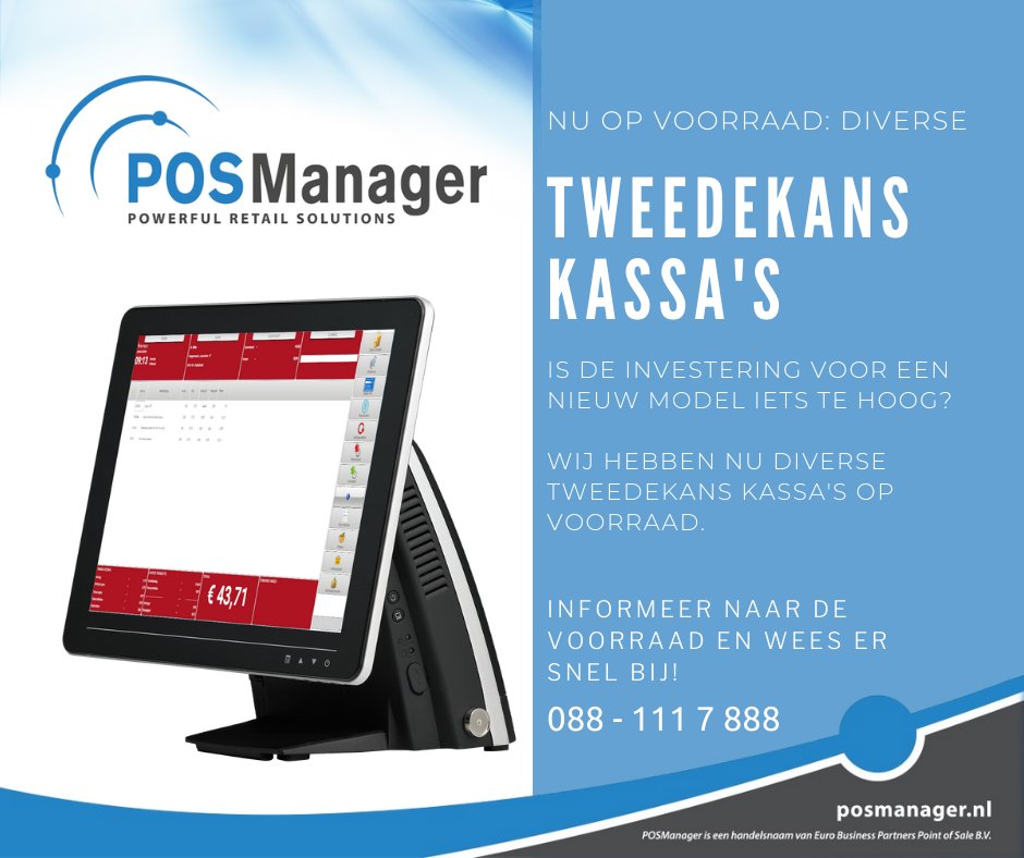 POSManager's tweet photo. ➡️Toe aan een nieuwe kassa? Wij hebben diverse tweedekans kassasystemen op voorraad. Sla nu je slag ✔️ en bel ons voor de mogelijkheden 📞 088 - 111 7 888 https://t.co/eUEhzPlaPe
