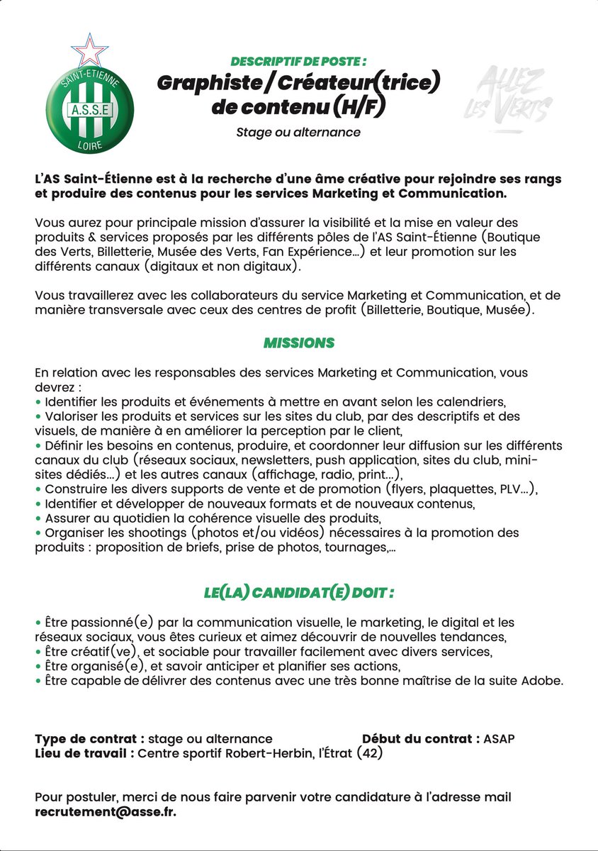 Hello 👋 
Beaucoup de sujets très intéressants arrivent à l’ASSE et nous sommes à la recherche de la personne idéale pour m’aider à les réaliser ! 😊 Les graphistes de Twitter, j’ai besoin de quelqu’un de dispo rapidement et en stage ! Slide in my DM 🤓💚